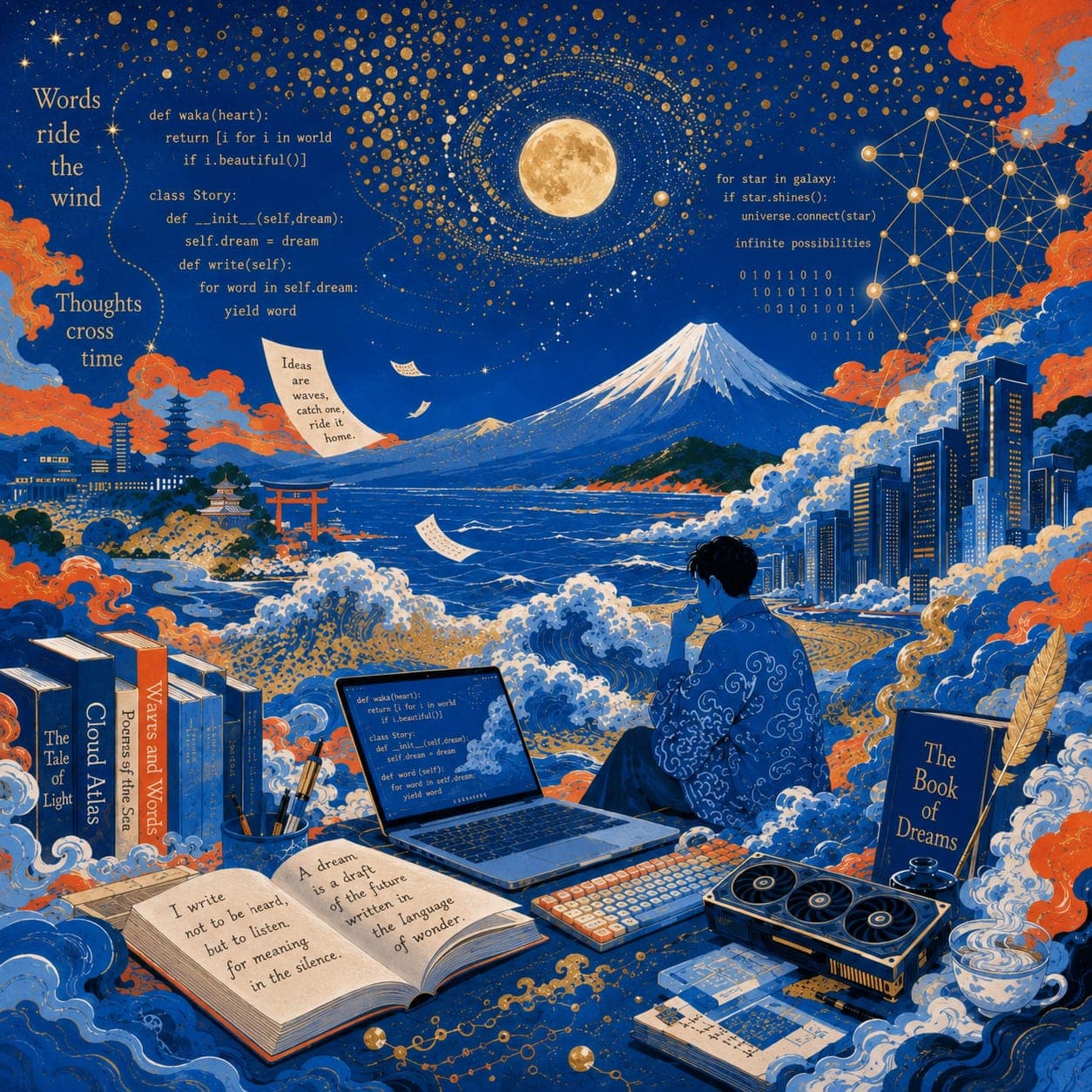Yellow editorial illustration of a creative technologist with books, a computer, and abstract charts.